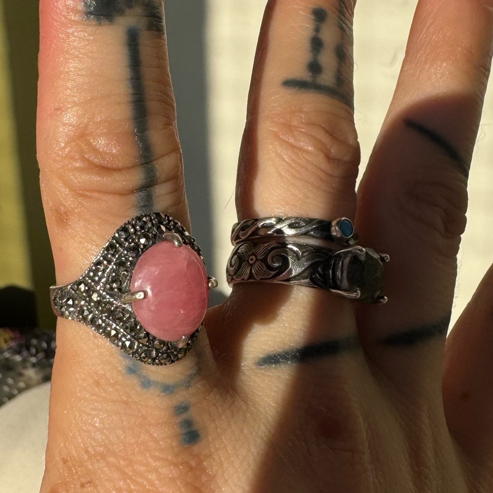 Sterling silver pink stone cab & marcasite